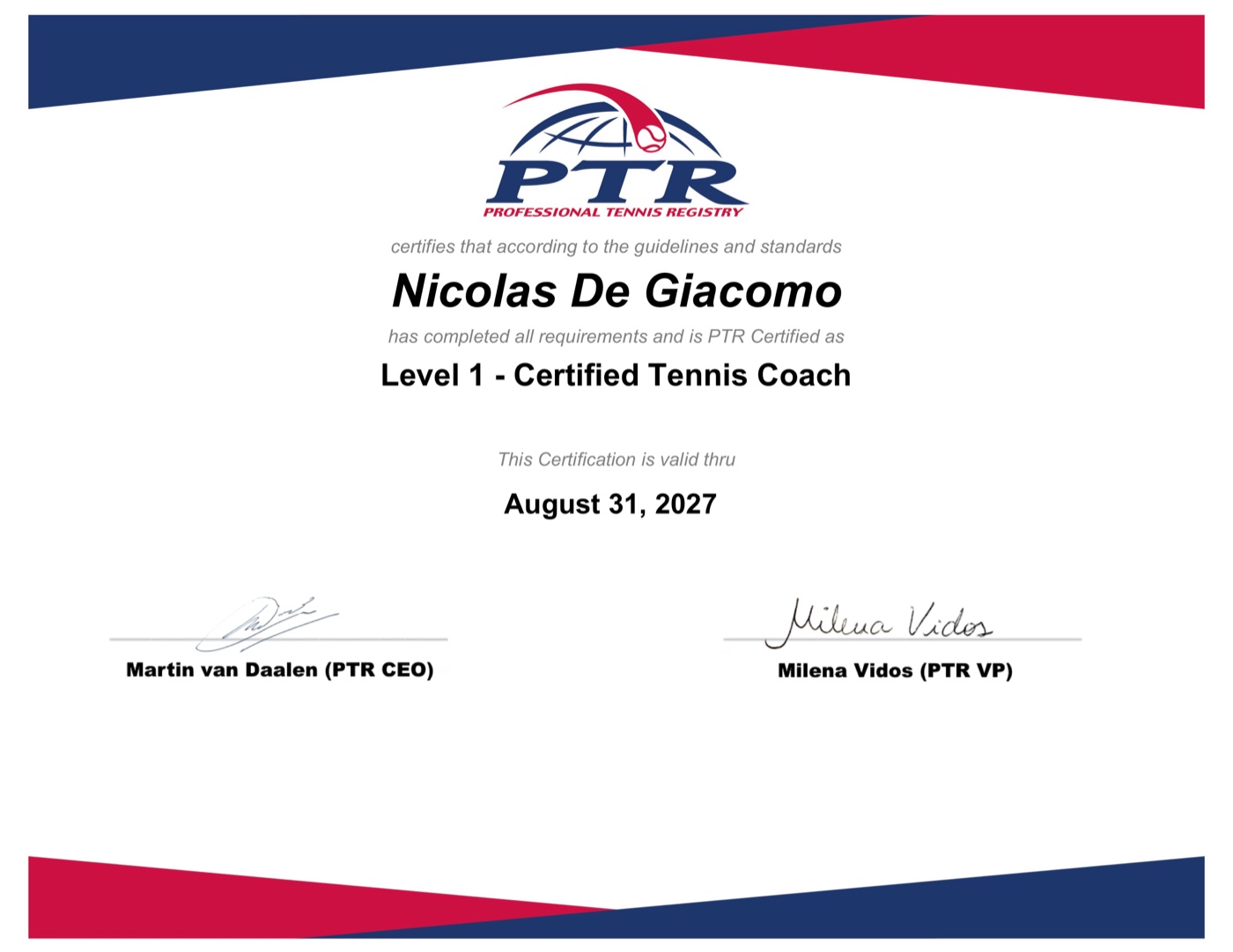 PTR Level 1 Certified Tennis Coach certificate awarded to Nicolas De Giacomo